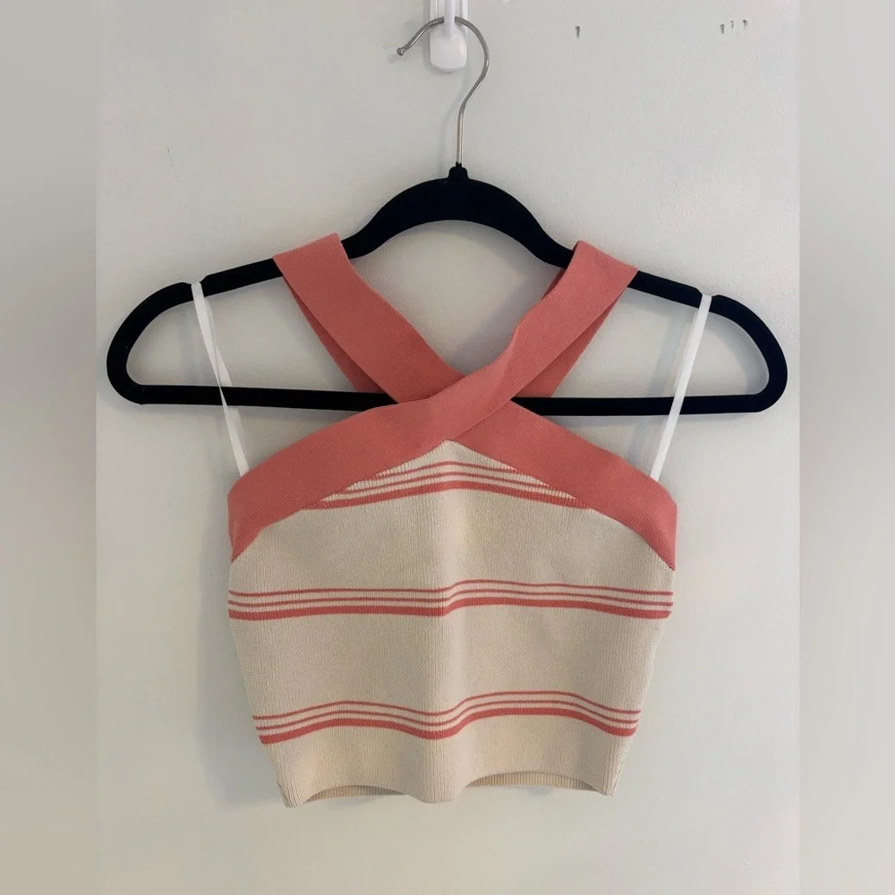 Aritzia Babaton Stripe Sculpt Knit Criss Cross Crop Top NWOT - Picture 2 of 7